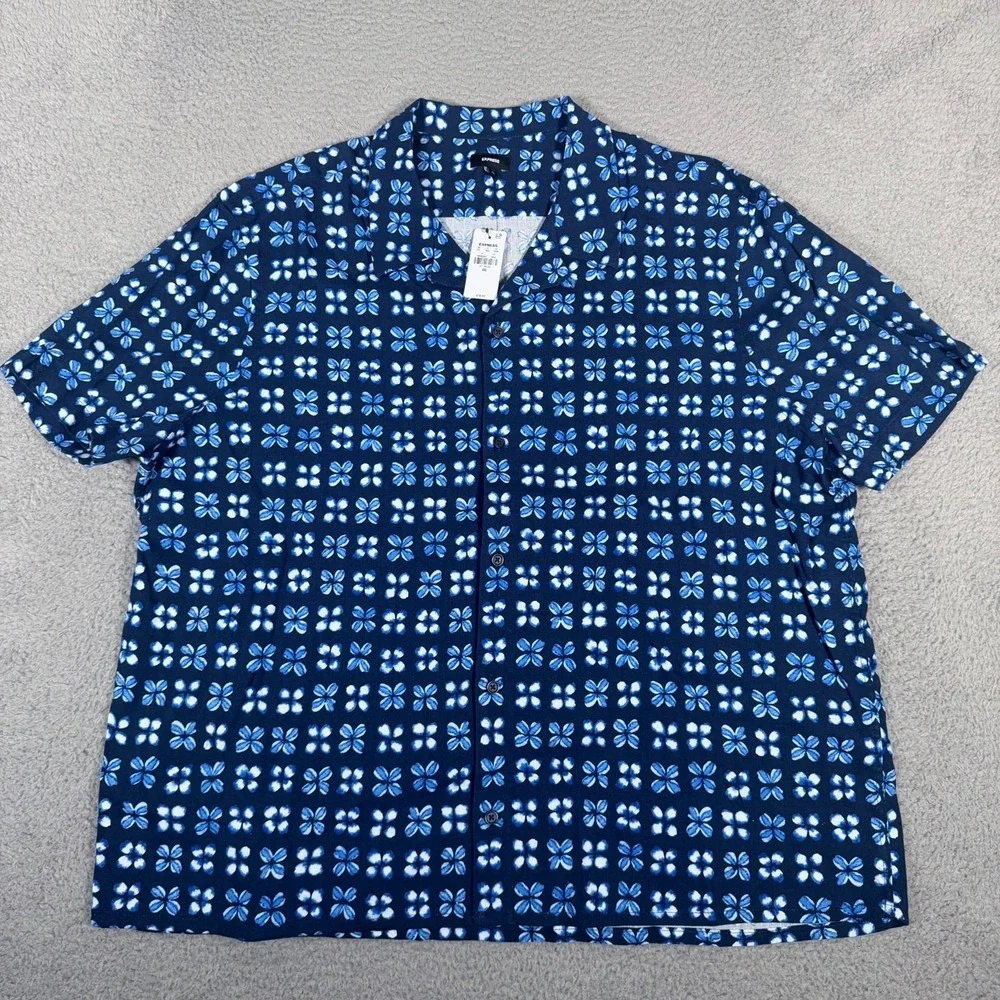 Express Shirt Mens 2XL Blue Floral Button Up Camp Linen Blend Beach Casual New